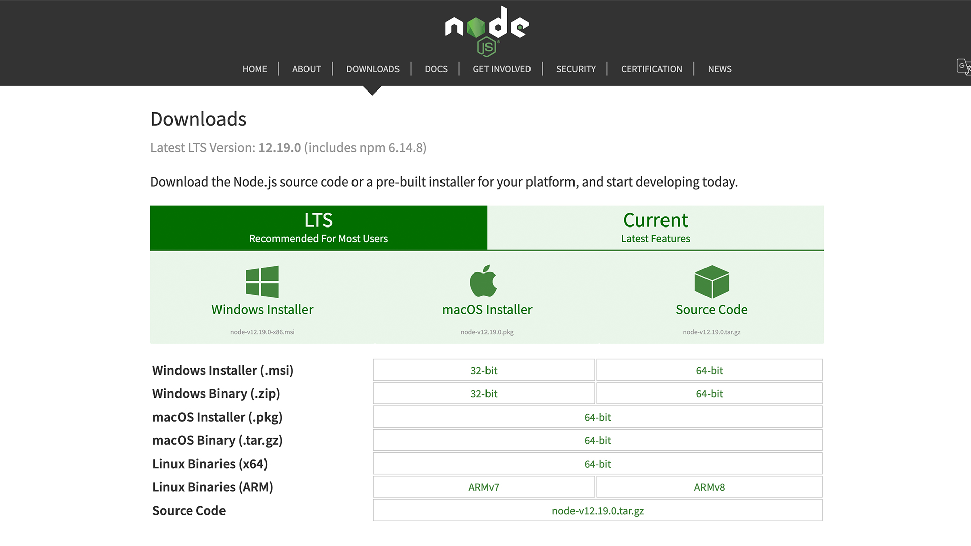 Node.js download page